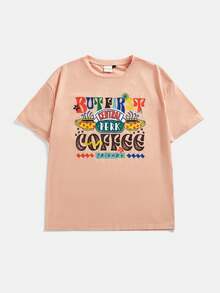 FRIENDS X SHEIN 女士夏季短袖字母印花休閒T恤 - 駝色 - 查看 1