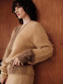 Uhlyne Uhlyne Women's Old Money Elegent Two-Piece Sweater Set,All Shades Of Brown Autumn Fuzzy Knitted Co-Ords,Loose Fit Round Neck Color-Block Brunch Outfit,Khaki - Khaki - View 6