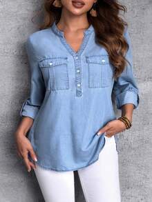 EMERY ROSE Plus Size Casual Commuter Notched Neck Denim Blouse - Blue - View 6