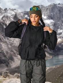 Áo khoác & áo khoác denim nữ Áo khoác denim dài tay có khóa kéo phía trước, dáng rộng, có mũ trùm đầu, áo khoác mùa hè nhẹ cho nữ, chống nắng, nhẹ, nhanh khô, trang phục đi bộ đường dài cho nữ, quần đi bộ đường dài cho nữ, quần ngoài trời cho nữ, trang phục cắm trại cho nữ - màu đen - Xem 8