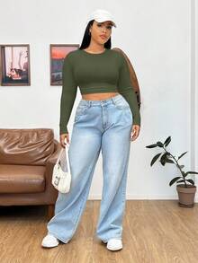 SHEIN EZwear 大码秋季休闲纯色罗纹针织修身短款 T 恤 - 軍綠色 - 查看 5