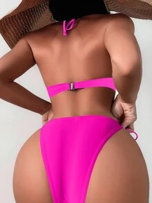 Swim SXY 女士纯色仿珍珠装饰领口链环比基尼套装，配有聚拢、钢圈、可拆卸胸带和高腰下装，适合夏季海滩度假 - 玫紅色 - 查看 2