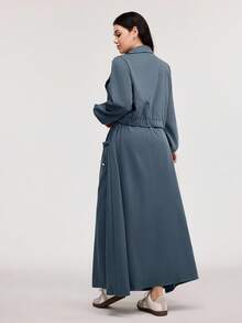 Veilorie 2 件套：工作服口袋设计夹克，立领和腰部收腰裙，休闲办公服 2 件套 - 藍色 - 查看 3