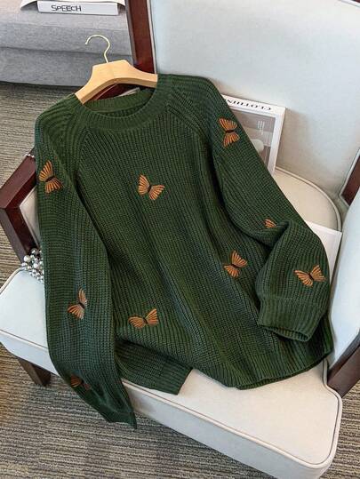 GlowEve CURVE Plus Size Women's Solid Color Knitted Embroidered Elegant Pullover Sweater, Long Sleeve Regular Fit, Autumn/Winter Fall
