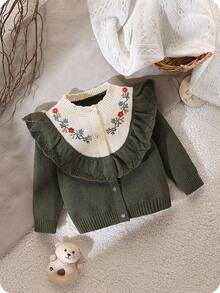 SHEIN 少女可爱荷叶边刺绣撞色针织开衫 - 軍綠色 - 查看 4