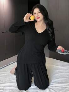 Dazy Plus 2pcs Plus Size Women Solid Color Contrast Lace Sleepwear Set, Top And Pants, Fall Clothes - Black - View 6