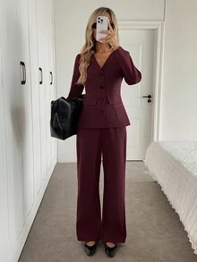 SHEIN LUNE 2 pièces/Set Chemise à manches longues avec boutons col V et pantalon évasé, tenue de bureau décontractée et élégante pour femme - Rouge foncé - Voir 1