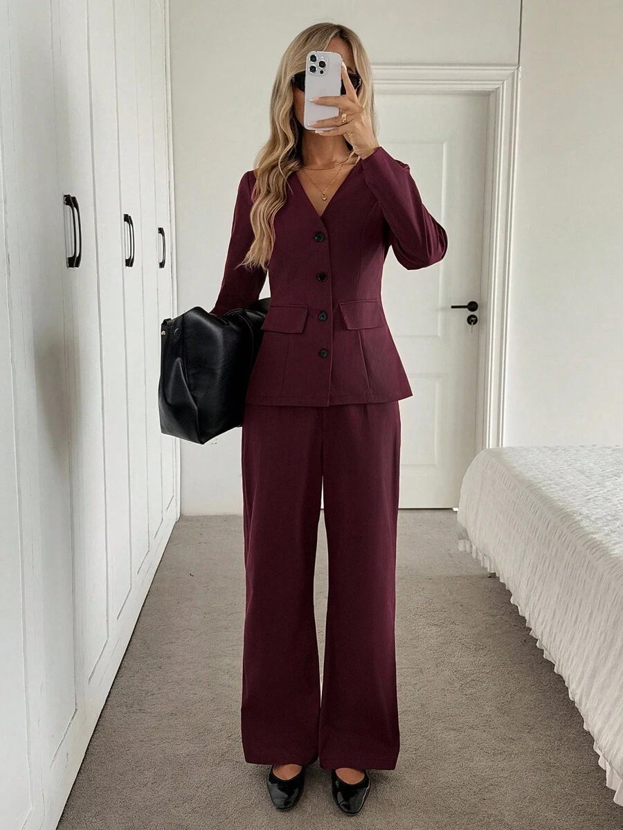 SHEIN LUNE 2 pièces/Set Chemise à manches longues avec boutons col V et pantalon évasé, tenue de bureau décontractée et élégante pour femme - Rouge foncé - Voir 1