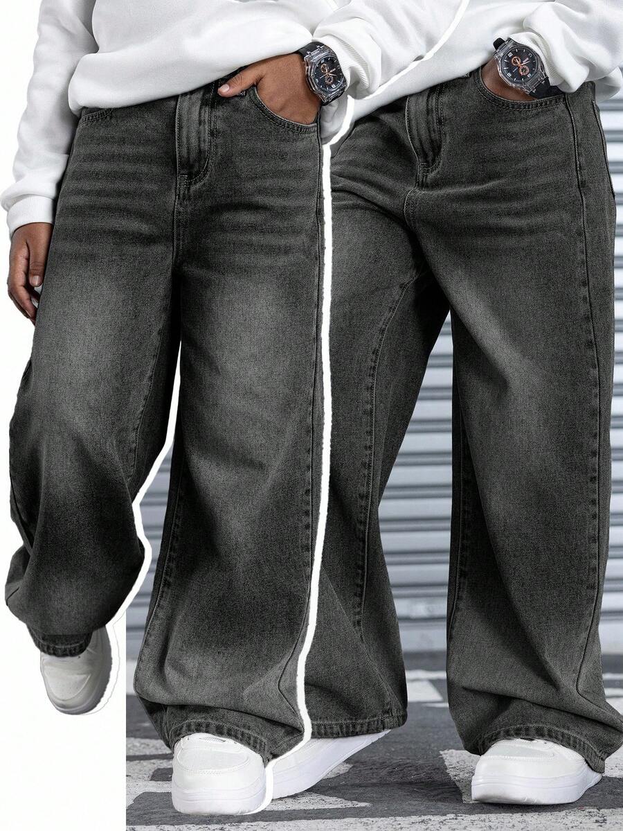 SHEIN 男童时尚休闲复古蓝色舒适宽松阔腿牛仔裤，适合男孩、男孩、感恩节、儿童、男孩日常穿着以及春夏秋冬穿着。 - 黑色 - 查看 1