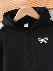 年轻女孩休闲百搭舒适蝴蝶印花连帽拉链针织夹克秋冬女童服装 - 黑色 - 查看 3