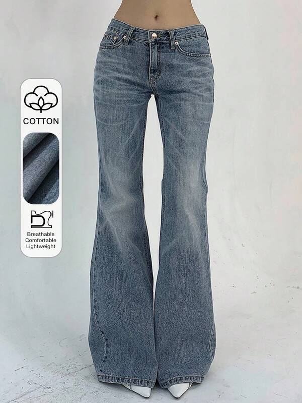 DAZY Pantalones vaqueros de tiro bajo con vuelo y bolsillos, de estilo casual para mujer