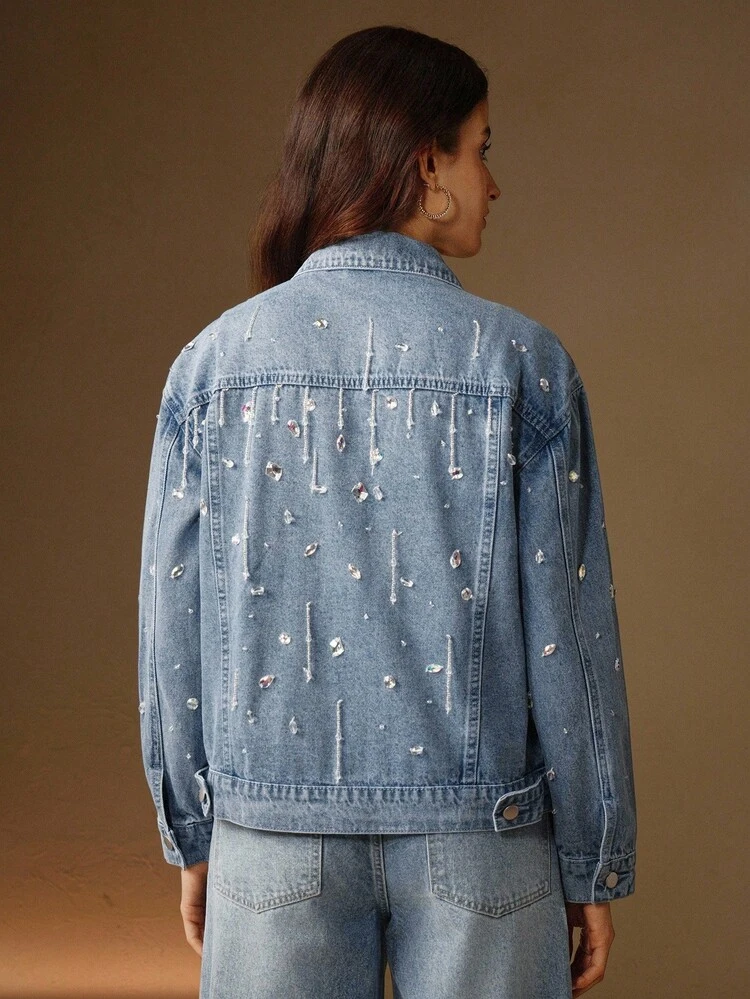 Handcrafted Rhinestone Embellished Denim Jacket For Women