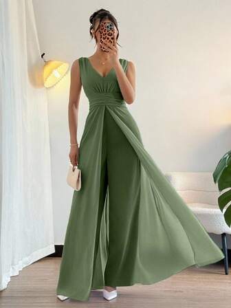 Rafferiza Elegant V-ringad plisserad midja i chiffong med vida ben, lämplig för bröllopsgäster, lila