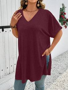 Breezaya Plus Size Women V-Neck Short Sleeve Raglan Sleeve Split Hem Casual Versatile Summer T-Shirt - Burgundy - View 4
