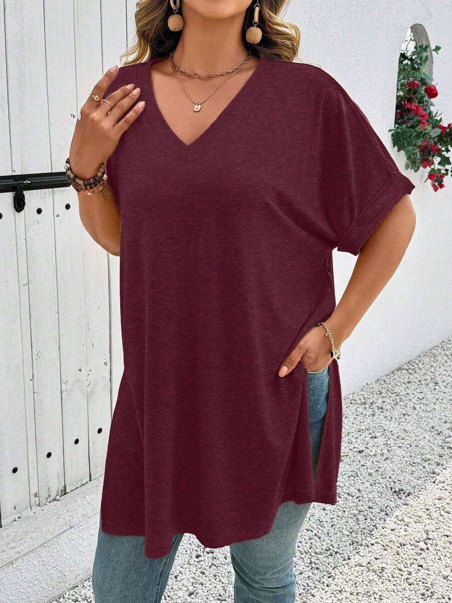 Breezaya Plus Size Women V-Neck Short Sleeve Raglan Sleeve Split Hem Casual Versatile Summer T-Shirt - Burgundy - View 1