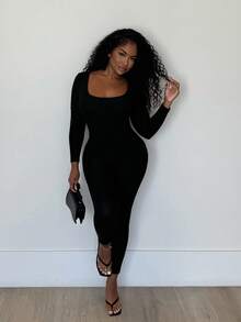 Alexandranx Solid Scoop Neck Unitard Spring Women Jumpsuit - Black - View 6