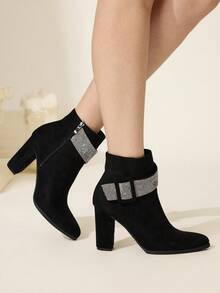 CUCCOO CHICEST Botas de tobillo con tacón grueso de strass para mujer, nuevas botas de vestir de terciopelo para otoño/invierno - Negro - Ver 4