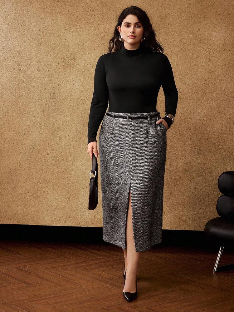 PLUS HERRINGBONE SPLIT HEM BELTED SKIRT