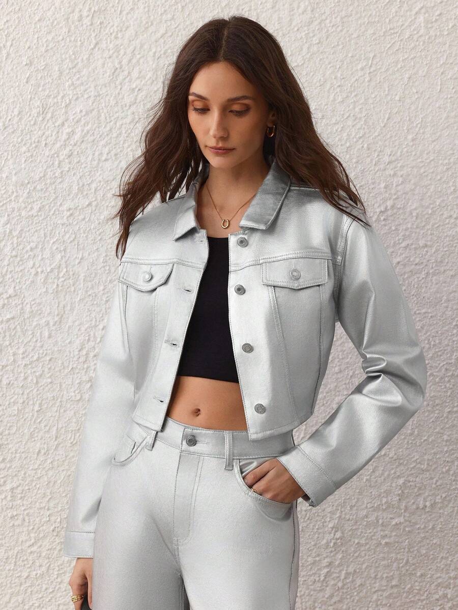 Selenza Women's Fashionable Cropped Denim Jacket With Silver Foil Print, Suitable For Spring And Autumn - Silver - View 1