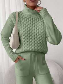 SHEIN Cottnline 2pcs Set: Cable Knit Turtleneck Long Sleeve Top And Solid Color Pants - Mint Green - View 6