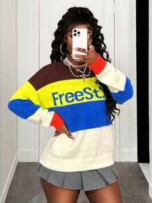 BamGleam Women's Sweaters,Knitted Long Sleeves,Loose Multi-Color Blue White Stripe,Autumn,Streetwear,School,Back-To-School,Leisure Parties,Spring And Winter - Multicolor - View 3