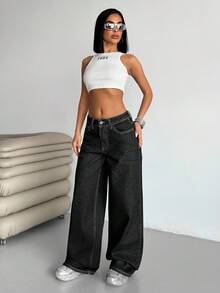 EURMUSE WOMEN LOW WAIST WIDELEG CASUAL STREET DARK BLUE WITH BACK LABEL WATER WASH - Dark Grey - View 6
