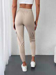 EURMUSE Flap Pocket Side Drawstring Waist Sweatpants - Khaki - View 2