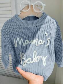 SHEIN 柔软、舒适、百搭的休闲圆领长袖运动衫，带有可爱的字母图案，适合男婴、女婴、幼儿、室内、户外、日常穿着、运动、玩耍、派对、拍照、度假、春季、夏季、秋季、冬季 - 霧霾藍 - 查看 9