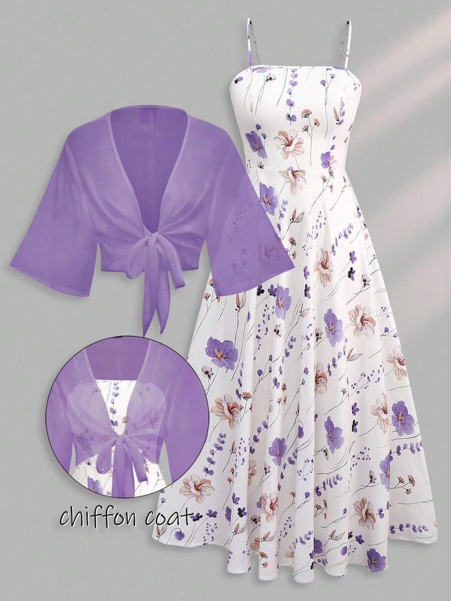 Franclia Women Plus Size Ditsy Floral Chiffon Dress With Shawl, Elegant 2 Pieces Set, Summer Fall Cloth For Women - Purple - View 1