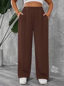 SHEIN PETITE CURVE Petite Plus Size Women's Solid Color Pleated Pants/Winter - Brown - View 7