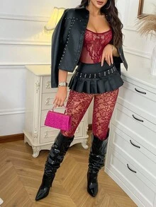 SHEIN Body sexy para mujer, diseño de malla transparente burdeos sin entrepierna - Burdeos - Ver 3