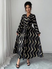 Elenzga Women's Elegant Dress, V-Neck With Waist Ruching, Lantern Sleeves, Random Foil Print, Extra Long Tie Waist - Black - View 6