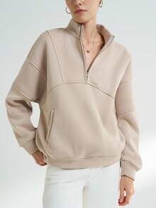 INAWLY 女式休闲宽松拉链落肩运动衫，秋季 - 卡其色 - 查看 3