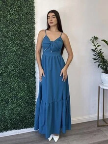 Andrea Bello Women's Romantic Orange Beach Vacation V-Neck Pleated Backless A-Line Cami Long Dress For Spring Summer Hawaii - Teal Blue - View 1