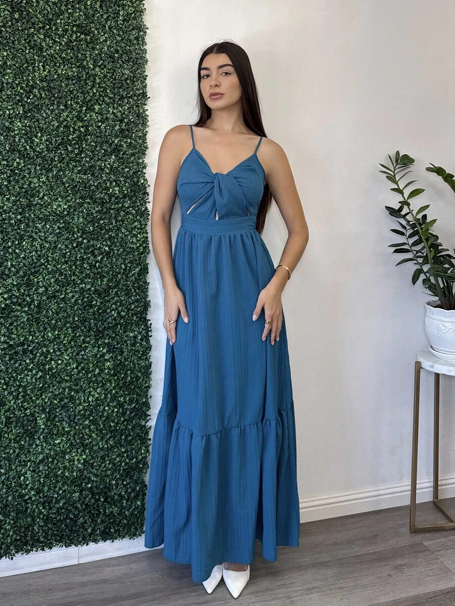 Andrea Bello Women's Romantic Orange Beach Vacation V-Neck Pleated Backless A-Line Cami Long Dress For Spring Summer Hawaii - Teal Blue - View 1