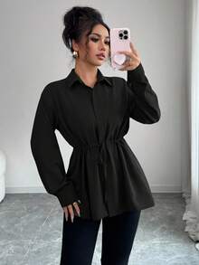 Elenzga Women's Elegant French Office Commute Street Style Utility Shirt, Featuring Shirt Collar, Front Placket, Waist Drawstring, Bowknot Long Sleeve Blouse, Suitable For Spring, Autumn And Winter - Black - View 5