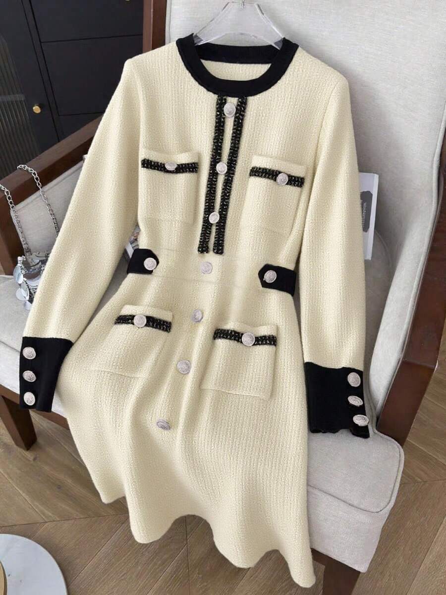 Lyxana Women's Textured Fabric Round Neck Raglan Sleeve Color Block Pocket Metallic Trim Decorated Autumn/Winter Dress - Apricot - View 1