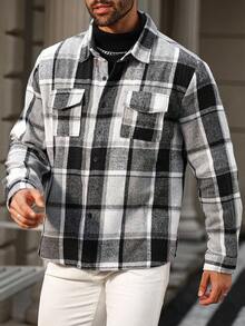 Manfinity CasualCool Plus Size Men's Long Sleeve Casual Plaid Print Button-Up Shacket , Fall - Multicolor - View 5