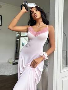 SHEIN 蕾丝边柔软舒适女士长睡袍 - 粉色 - 查看 4