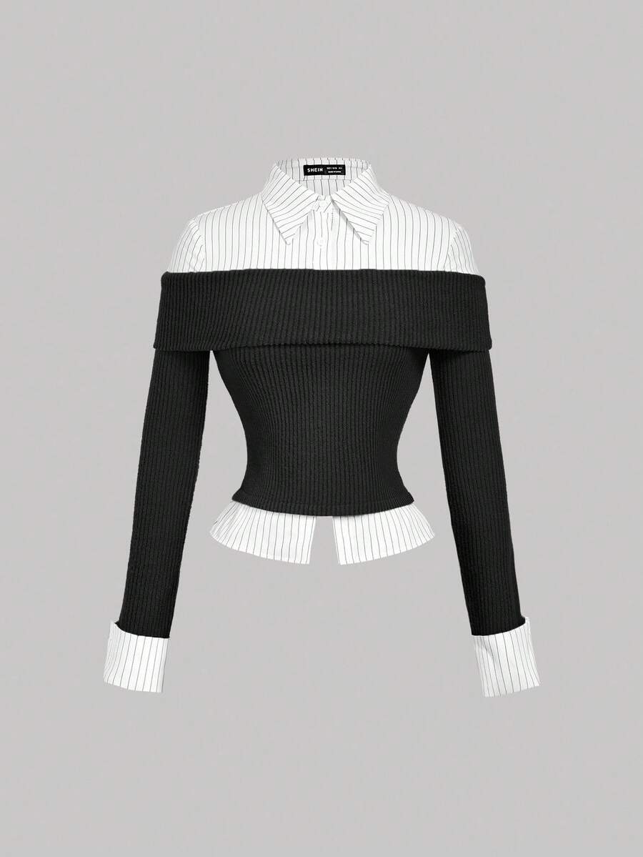 SHEIN MOD 黑白针织拼接条纹衬衫,两用上衣,返校季必备 - 黑與白 - 查看 1