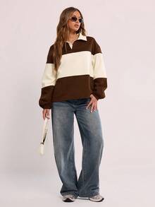 MUSERA Áo nỉ thể thao cổ bẻ kẻ sọc, thích hợp cho lễ tốt nghiệp, tựu trường, áo dành cho giáo viên nữ, mùa đông xuân, phong cách thường ngày, lễ Phục sinh. - Màu nâu Sô-cô-la - Xem 4