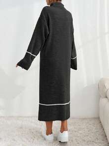 EURMUSE Women's Casual Drop Shoulder Long Sleeve Turtleneck Ribbed Color Block Knitted Sweater Dress, Autumn/Winter - Dark Grey - View 2
