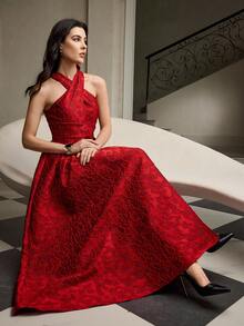 ZEYLAH Váy yếm Jacquard thanh lịch gợi cảm dành cho nữ - Đỏ - Xem 7
