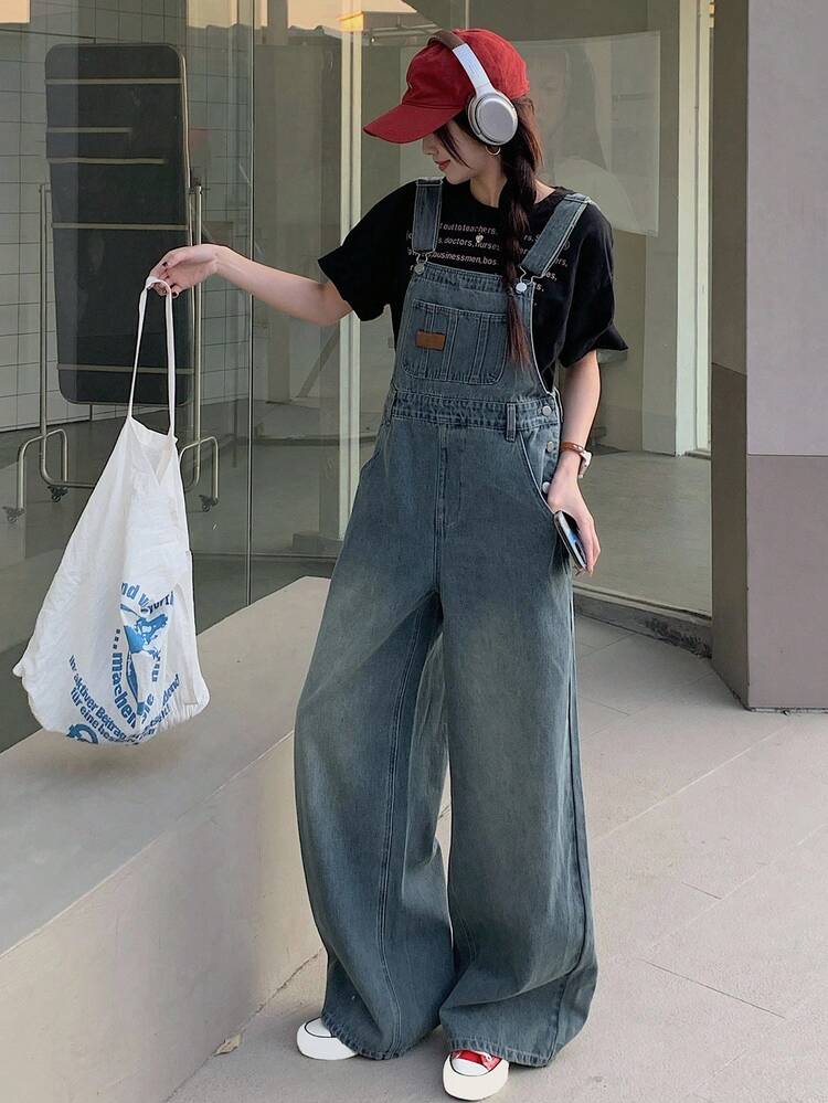 Women's Casual Leather Label Woven Tag Washed Denim Bib Pants And Jumpsuit Fall,Winter Overalls