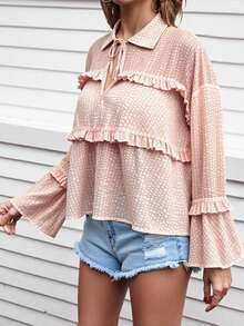 EURMUSE Geo Print Frill Trim Flare Sleeve Blouse - Baby Pink - View 4