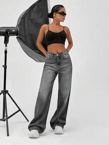 EURMUSE 100% Cotton HIGH RISE WIDELEG FIT VINTAGE WASH WOMEN BAGGY JEANS - Grey - View 3