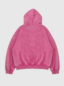 ROMWE MEN Street Life Spring Casual Graphic Pink Men's Kpop Washed Vintage Applique Embroidered Hoodie Sweatshirt, Streetwear, For Fall, Y2K - Pink - View 2