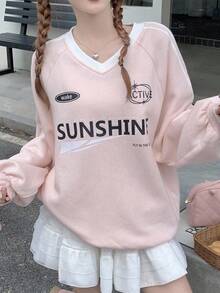 DAZY 女式 V 领宽松图案印花撞色保暖内衬厚款运动衫 秋冬 - 粉色 - 查看 4