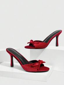 CUCCOO SZL 女士优雅浪漫蝴蝶结水钻绒面尖头细高跟凉鞋，适合礼服、伴娘、下午茶、约会、派对、婚礼、度假 - 酒紅色 - 查看 2