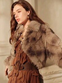 SHEIN Unity 女士时尚优雅人造毛皮短款夹克 - 杏色 - 查看 5